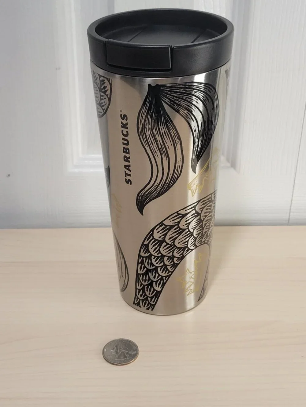 STARBUCKS Siren Tail & Crown Stainless Steel Silver & Black 16 oz Tumbler w/ Lid